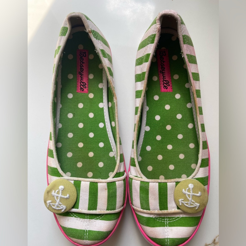 Betsey Johnson Green White Striped Polka Dot Flats